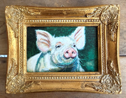 Liesbet Milort, Varken, 175 euro, Gemengde techniek in vintage lijstje, 18x15 cm