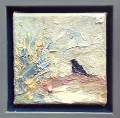 Wil van der Niet, De Vogel, 150 euro, Olievef op doek in grijze baklijst, 10x10x4 cm