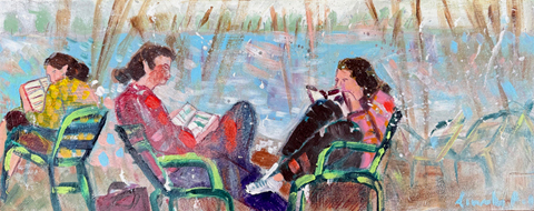 Lourdes Ral, Between branches reading, 330 euro, Acryl on wood without frame, 20x50x3,5 cm