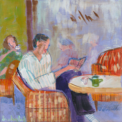 Lourdes Ral, A cup of tea reading, 180 euro, Acrylic on wood no frame, 20x20x2 cm