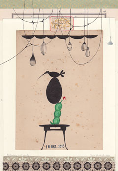 Tamar Rubinstein, Bedrading met boontje, Collage op papier in blankhouten lijst, 33x24 cm, €.175,-