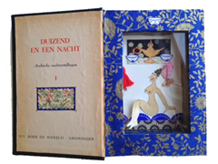 Tamar Rubinstein, Duizend en een nacht 1, Collage en gemengde techniek in oud boek, 20x15 cm, €.225,-
