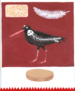 Tamar Rubinstein, Fouragerende vogel met koekje rood, Gemengde techniek/collage op papier in houten lijstje, 27x21 cm, €.165,-