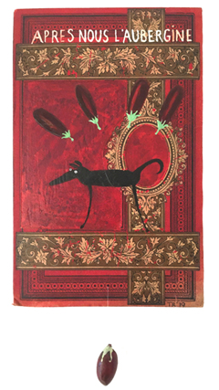 Tamar Rubinstein, Apres nous c'aubergine, Gemengde techniek op oude boekcover (zonder lijst), 17x11 cm, €.125,-