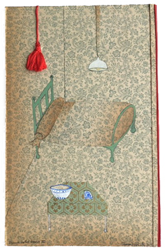 Tamar Rubinstein, Franse hotelkamer III, Collage op papier in houten baklijst, 27x24 cm, €.160,-