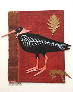 Tamar Rubinstein, Roodkapje, Gemengde techniek en collage op boekcover in houten baklijst, 27x21 cm, €.165,-