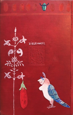 Tamar Rubinstein, Zielevogel, Gemengede techniek en collage op boekcover in houten lijst, 23x18 cm, €.150,-