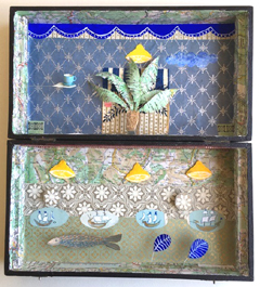 Tamar Rubinstein, Reis in een doosje, Gemengde techniek/collage in houten bestekdoos, 29x27 cm, €.195,-