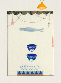 Tamar Rubinstein, Vliegende vis, Gemengde techniek op papier in houten lijst, 27x21 cm, €.150,-