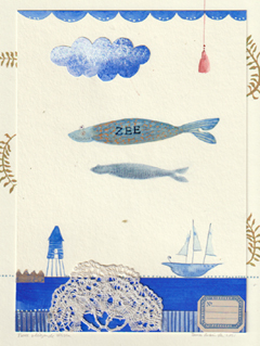 Tamar Rubinstein, Vliegende vissen, 150 euro, Gemengde techniek op papier in houten lijst, 27x21 cm, €.150,-