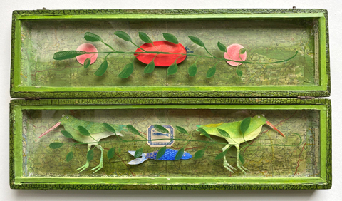 Tamar Rubinstein, Twee groene vogels, Gemengde techniek in bestekdoos, 20x35x2 cm