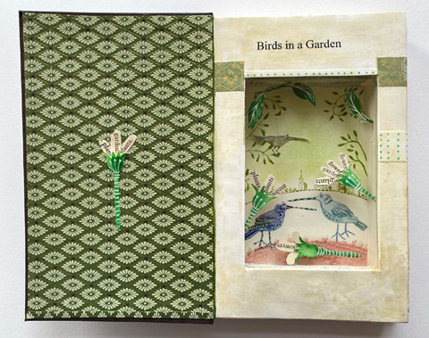 Tamar Rubinstein, Birds in a garden, 185 euro, Gemengde techniek in vintage boek (kan hangen), 19x33x3 cm
