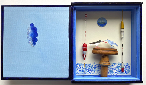 Tamar Rubinstein, Vogels aan zee, 195 euro, Gemengde techniek in sigarenkistje (kan hangen), 20x38x7 cm
