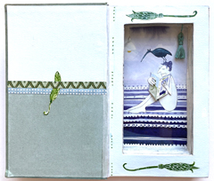 Tamar Rubinstein, Lezende vrouw in boek 8, 185 euro, Gemengde techniek/collage in oud boek, 19x22x3 cm