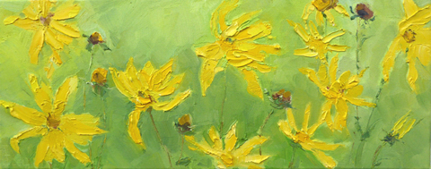 Anne Jitske Salverda, Gele bloemen in Julie's tuin, 395 euro, Olieverf op doek zonder lijst, 20x50 cm