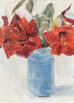 Anne Jitske Salverda, Een goed begin, bloemen van Lea, 195 euro, Olieverf op paneel zonder lijst, 18x24 cm