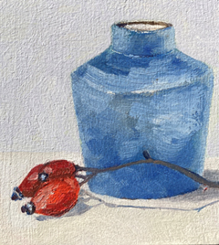 Anne Jitske Salverda, Rood wit  blauw winters stilleven, 135 euro, Olieverf op paneel zonder lijst, 11,5x10,5 cm