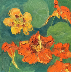 Anne Jitske Salverda, Stralend in een blauw groene zee van blad, 195 euro, Olieverf op paneel zonder lijst, 20x20 cm