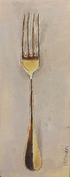 Gea Slotman, Vintage Gouden vork, 155 euro, Acryl op hout zonder lijst, 8x20x1 cm
