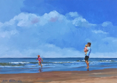 Geke Steenmetz, Vader met kinderen aan zee, 195 euro, Olieverf op paneel in baklijst, 13x18 cm