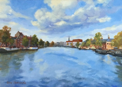 Geke Steenmetz, Amstel met Stopera, 250 euro, Olieverf op paneel in baklijstje, 13x18 cm