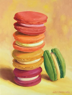 Geke Steenmetz, Macarons II, 250 euro, Olieverf op paneel in baklijst, 24x18 cm