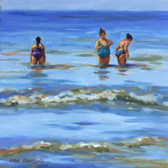 Geke Steenmetz, drie vrouwen in zee, 240 euro, Olieverf op paneel zonder lijst, 20x20 cm