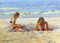 Geke Steenmetz, Twee meisjes in het zand, 220 euro, Olieverf op paneel in baklijstje, 13x18 cm