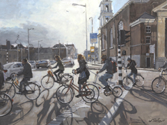 Walter Stoelwinder, Overstekende fietsers Mr. Visserplein Amsterdam, Acryl op paneel in baklijst, 30x40 cm, €.1200,-