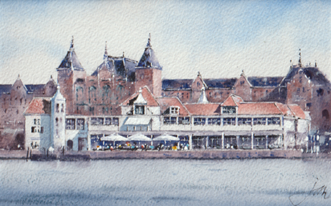 Jan Thiecke, Centraal Station,  275 euro, Aquarel in donker houten lijst, 21x29 cm in A4 lijst