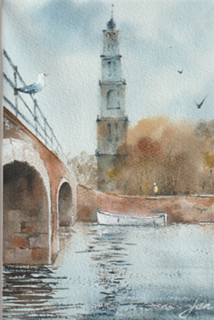 Jan Thiecke, Westertoren, 275 euro, Aquarel in donker houten lijst, 21x29 cm in A4 lijst