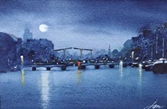 Jan Thiecke, Magere Brug bij Nacht, 195 euro, Aquarel in passe-partout zonder lijst, 11x27 cm