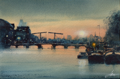 Jan Thiecke, Amstel by night, 240 euro, Aquarel met passe-partout in A4  lijst, 14x20 cm