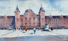 Jan Thiecke, Centraal Station Amsterdam, 240 euro, Aquarel met passe-partout in A4  lijst, 14x23 cm