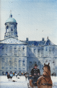 Jan Thiecke, Paard en wageni, 240 euro, Aquarel met passe-partout in A4  lijst, 13x20 cm