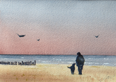 Jan Thiecke, Strand met paaltjes, 195 euro, Aquarel met passe-partout in A4  lijst, 13x18 cm