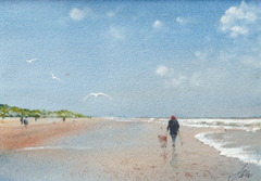 Jan Thiecke, Strandwandeling met duinen, 240 euro, Aquarel met passe-partout in A4  lijst, 15x21 cm