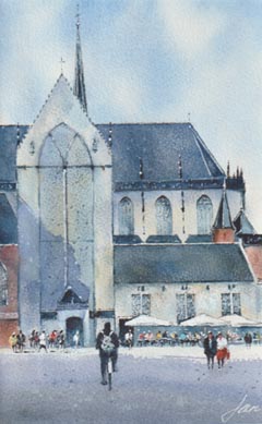 Jan Thiecke, Nieuwe Kerk, 240 euro, Aquarel in passe-partout in houten lijst, 24x15 cm