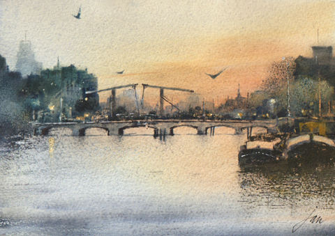 Jan Thiecke, Magere Brug 2, 275 euro, Aquarel in houten wissellijst, 14x20 in A4 lijst