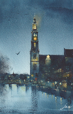 Jan Thiecke, Westerkerk bij nacht, 275 euro, Aquarel in houten wissellijst, 18x13 in A4 lijst