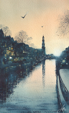 Jan Thiecke, Westerkerk in avondlicht, 275 euro, Aquarel in houten wissellijst, 22x13 in A4 lijst