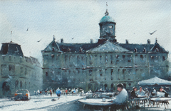 Jan Thiecke, Paleis op de Dam,  275 euro, Aquarel in donker houten lijst, 15x24 cm in A4 lijst