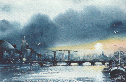 Jan Thiecke, Magere brug met dreigende lucht, 275 euro, Aquarel in houten Barth lijst, 13x20 cm in A4 lijst