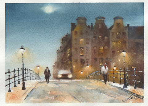 Jan Thiecke, Amsterdam Centrum, 275 euro, Aquarel in licht houten lijst, 13x18 cm in A4 lijst