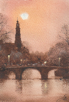 Jan Thiecke, Westertoren oranje avondlicht, 225 euro, Aquarel in licht houten lijst, 15x20 cm in A4 lijst