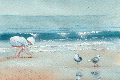 Jan Thiecke, Aan zee, 275 euro, Aquarel in houten lijst, 12x17 cm
