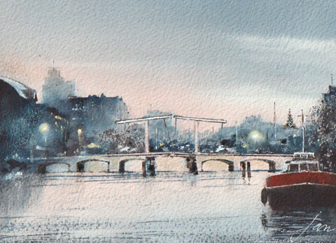 Jan Thiecke, Magere Brug, 275 euro, Aquarel in houten lijst, 15x20 cm