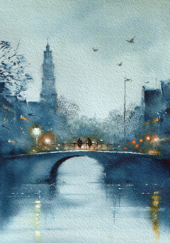 Jan Thiecke, Westertoren bij nacht, 275 euro, Aquarel in houten lijst, 15x20 cm