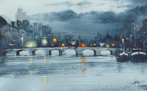 Jan Thiecke, Magere Brug bij nacht, 275 euro, Aquarel in houten lijst, 21x30 cm in A4 lijst