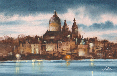 Jan Thiecke, Nicolaaskerk, 275 euro, Aquarel in houten lijst, 15x23 cm in A4 lijst